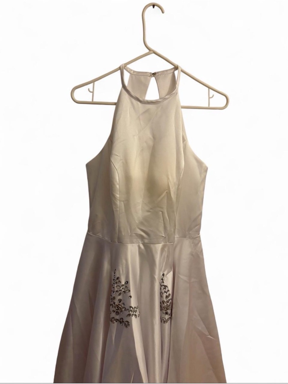 Halter Neck Embellished Satin Dress in Cream